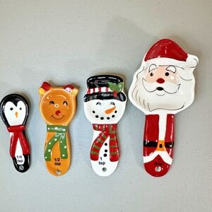 Christmas Measuring Spoons Santa Reindeer Snowman Penguin Ceramic 4pc Set